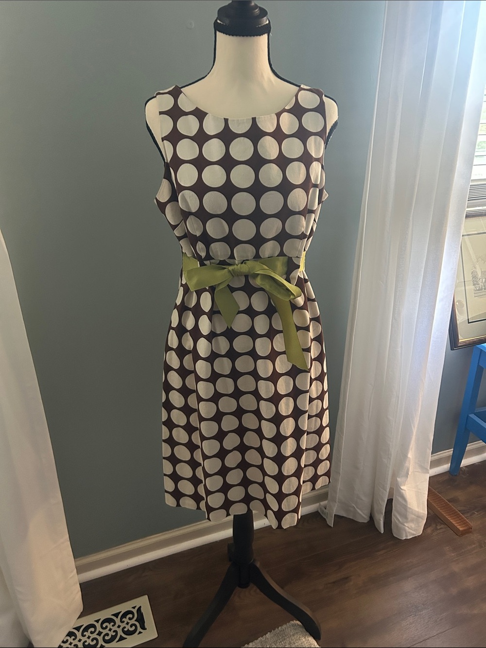 Jessica Howard Brown and White Polka Dot Midi Dress with Green Sash